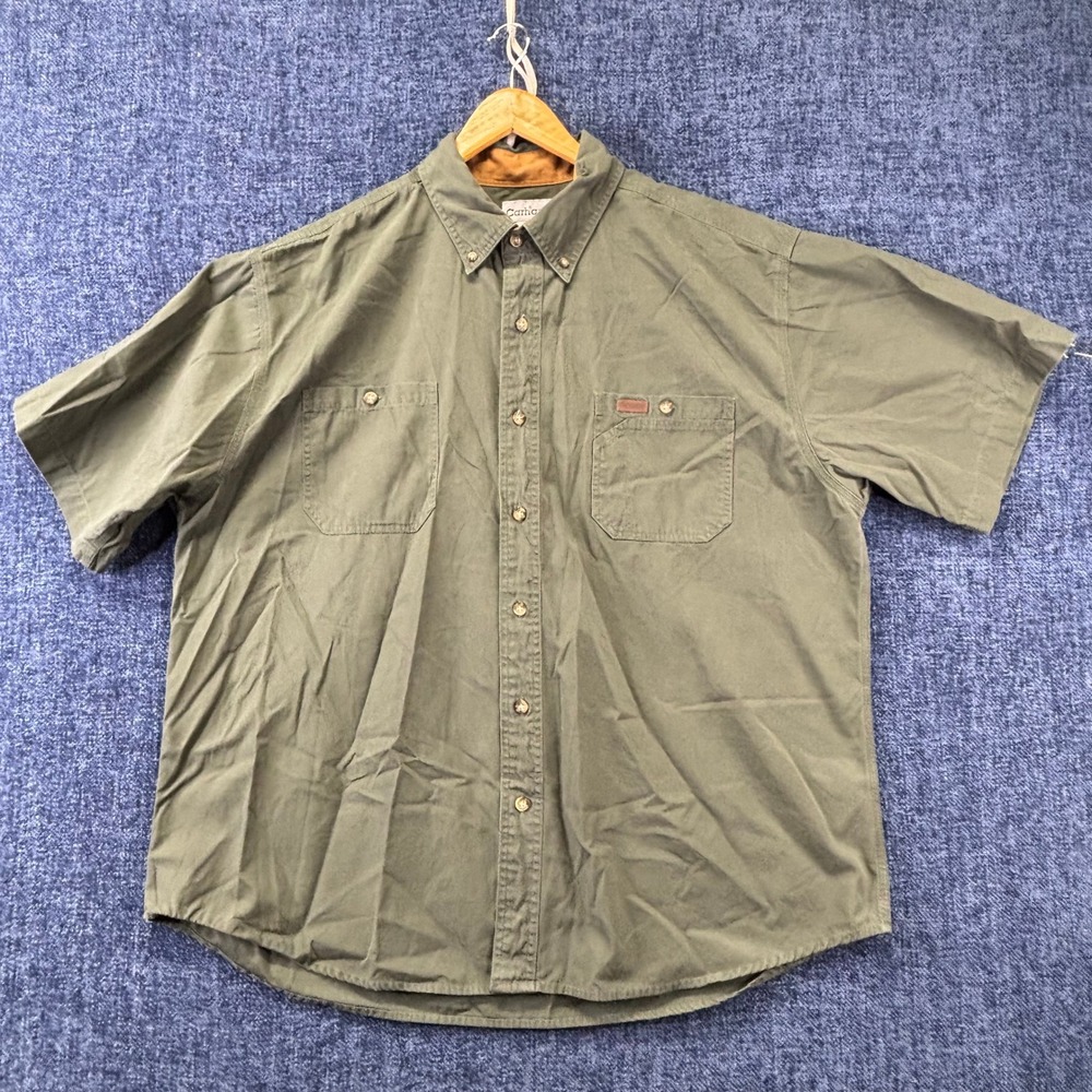 Carhartt Button Down Shirt Mens 2XL Olive Green 100% Cotton Relaxed Short Sleeve